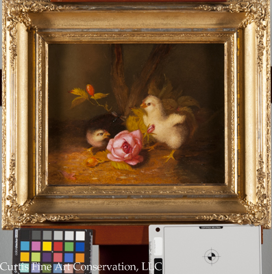 Unidentified Artist, Baby Chicks in a Landscape, ca. late 19th c. In addition to cleaning both the painting and frame, missing ornament was replaced on the frame and toned to match the surrounding gilding.