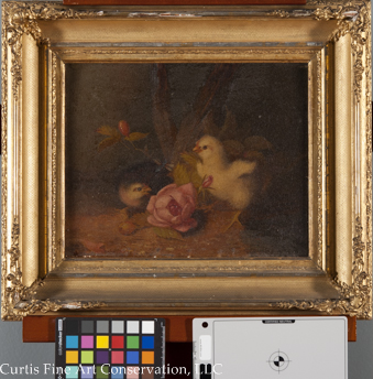 Unidentified Artist, Baby Chicks in a Landscape, ca. late 19th c.  This painting and frame were exposed to smoke and soot from a house fire, in addition to years of grime.  The painting had a heavy, discolored varnish that was also extremely dull and coated in particulate dust.