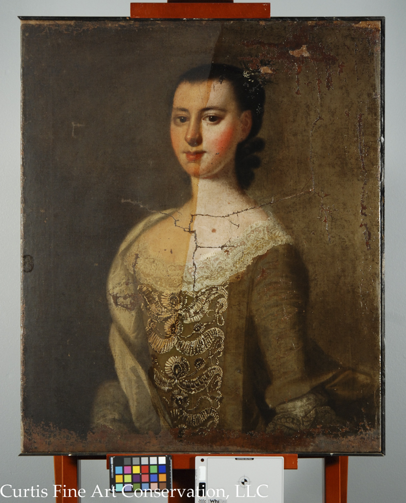 Jeremiah Theus, Portrait of Catherine DuTarque, c. 1774, oil on canvas.  This image shows the painting half cleaned of the discolored wax resin.