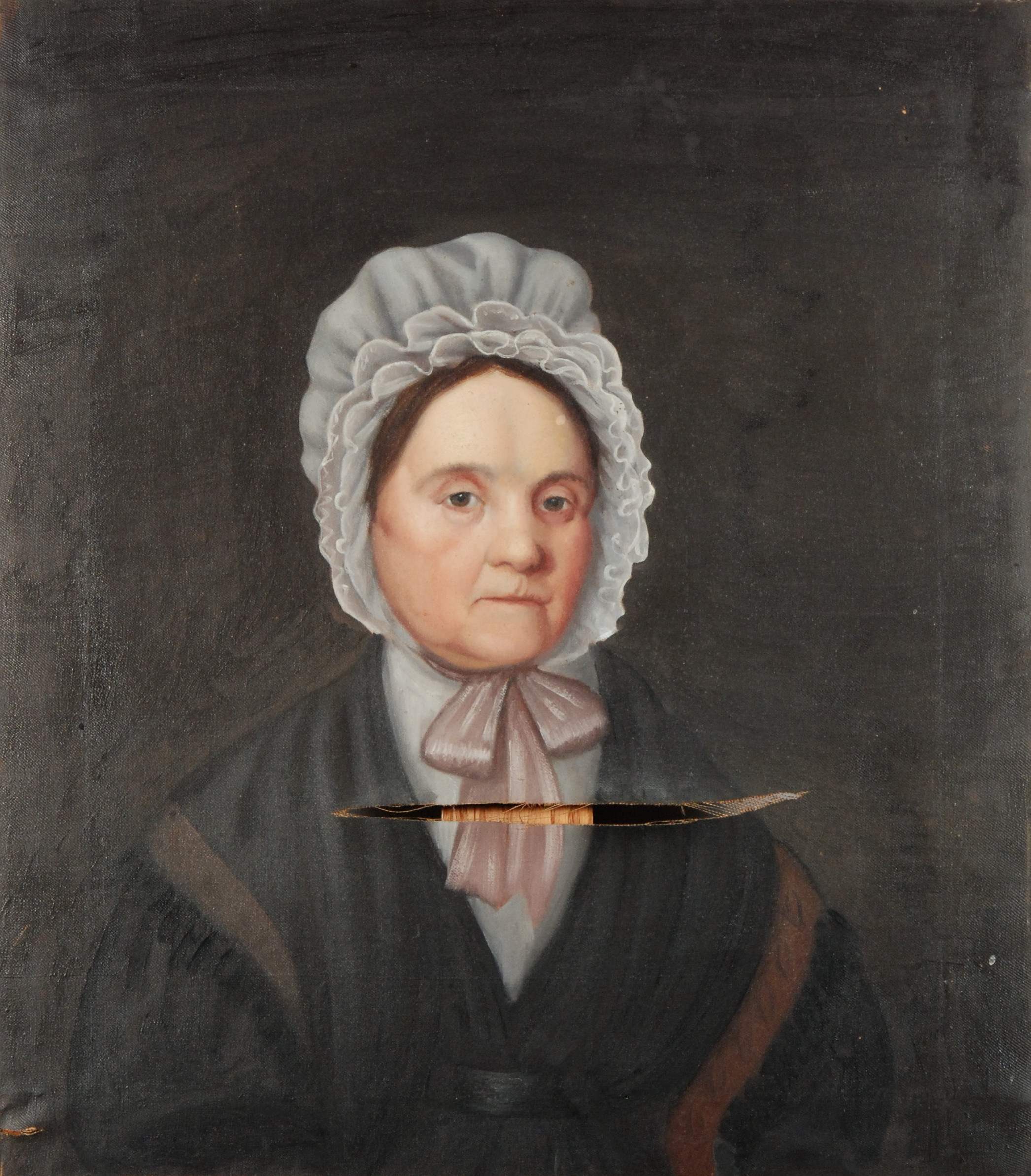 Unidentified Artist, Portrait of Mrs. Willoughby, c. 1830, oil on canvas, with large open tear