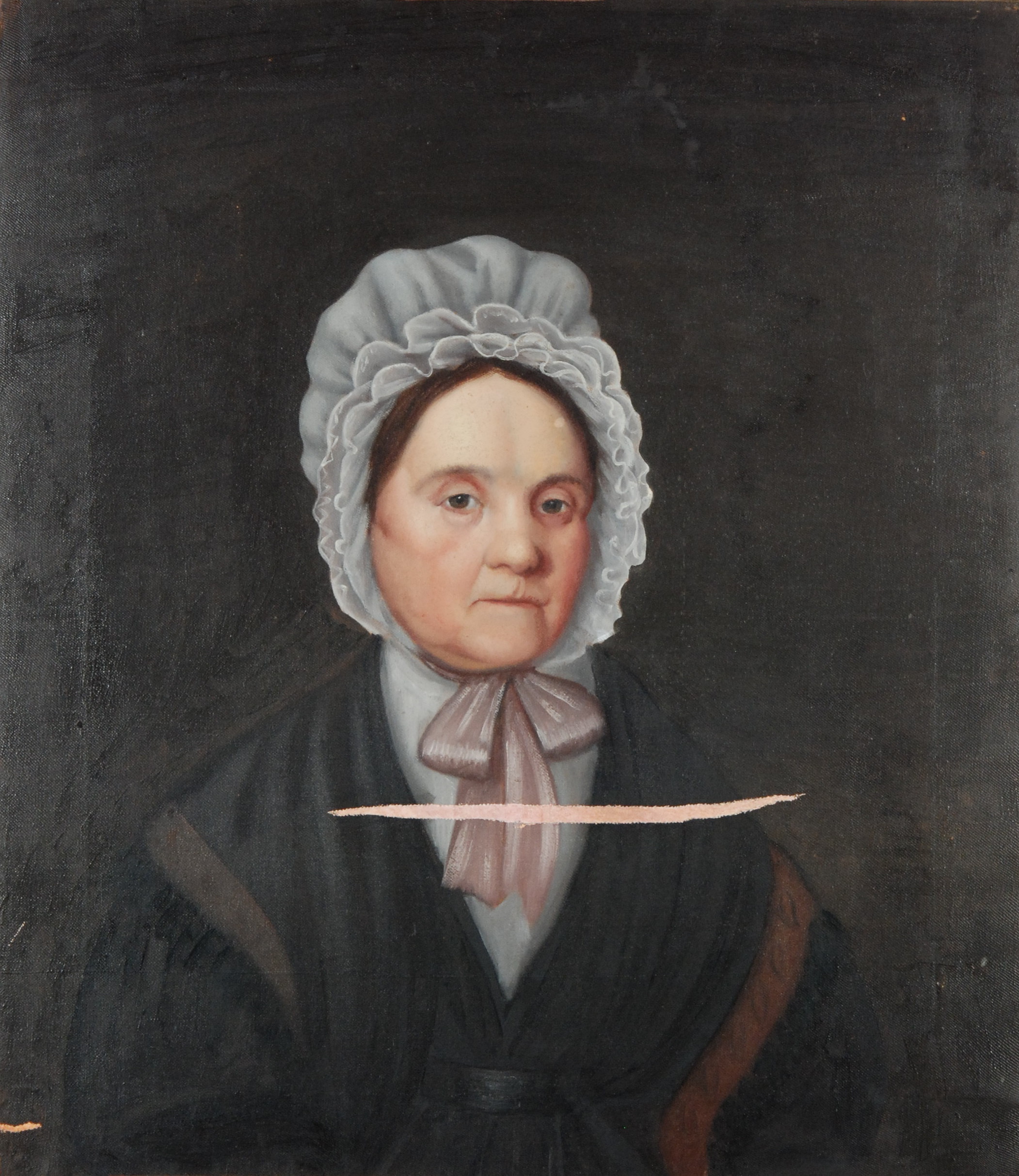 Unidentified Artist, Portrait of Mrs. Willoughby, c. 1830, oil on canvas. This image shows the painting after a fabric insert was applied and locally mended on the reverse. The insert was prepared for retouching and was toned red to approximate the original toning layer.