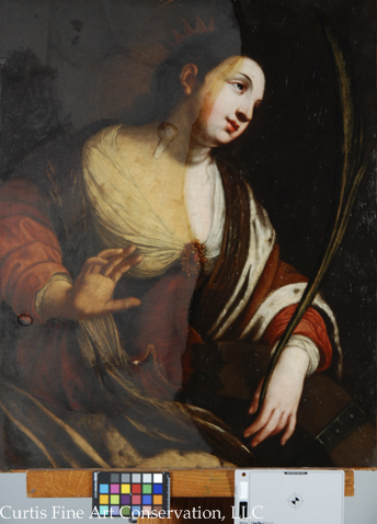 Unidentified Artist, Saint Catherine of Alexandria, after Jacques Blanchard, after 1630, oil on canvas (with heavy, discolored varnish partially removed).