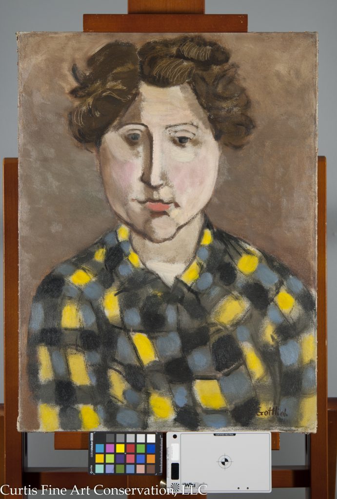 Adolph Gottlieb, Portrait of Gladys Sikora, 1932/4, Private Collection. In the final image, the losses have been integrated with the neighboring paint through inpainting with pigments ground in a reversible medium.