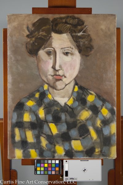 Adolph Gottlieb, Portrait of Gladys Sikora, 1932/4, Private Collection. This painting had suffered a damage decades before its repair in this studio. The primary goals of treatment were stabilization of lifting paint, local tear repair, grime reduction, and ensuring the support was tensioned onto an appropriate stretcher, as the current, unoriginal stretcher did not fit the painting properly.