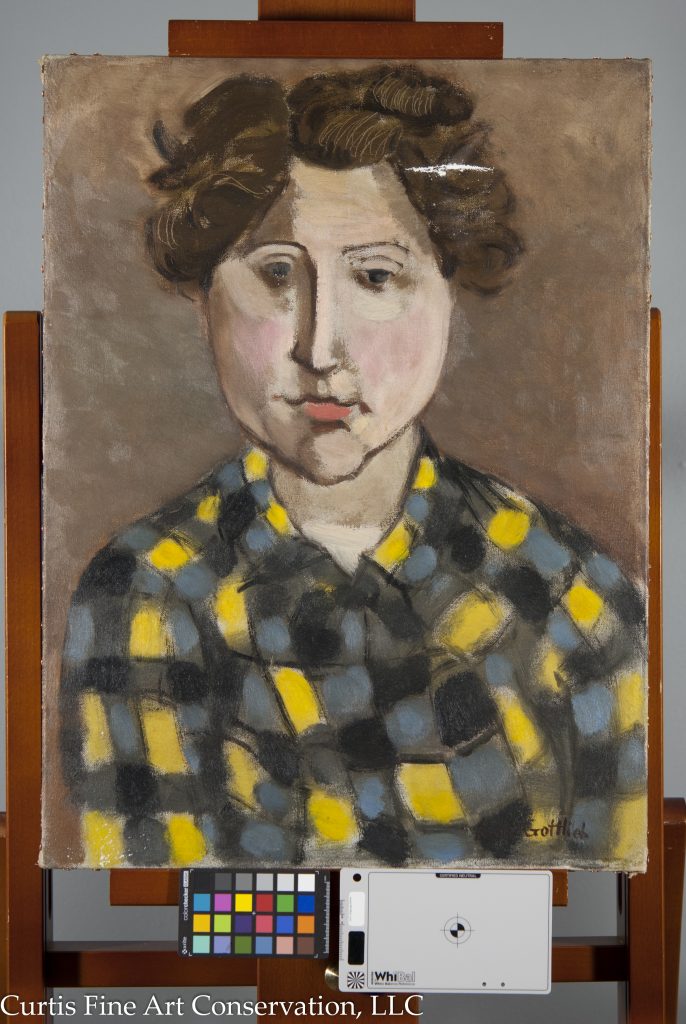 Adolph Gottlieb, Portrait of Gladys Sikora, 1932/4, Private Collection. This image shows the painting after its structural treatment, with the tear having been mended locally, surface grime reduction completed, the losses filled, as well as the reduction of planar distortions overall.